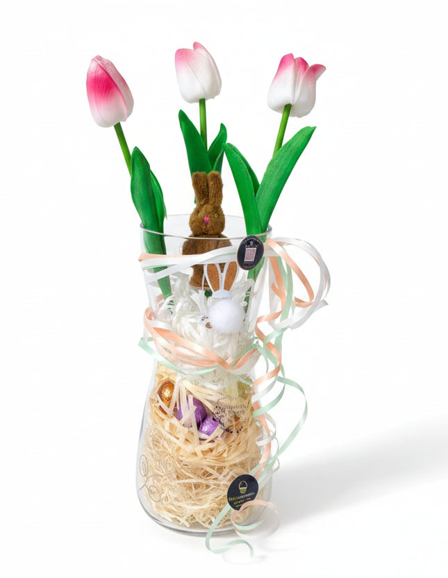 Arranjo de Tulipas de Páscoa no Vaso com Chocolates* Oster-Tulpenarrangement im Glas mit Schokolade