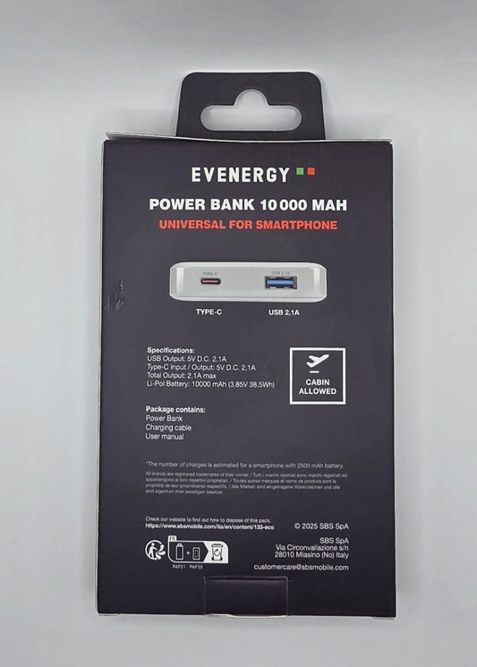 Power Bank Evenergy 10.000 mAh – Carregamento Rápido USB & USB-C