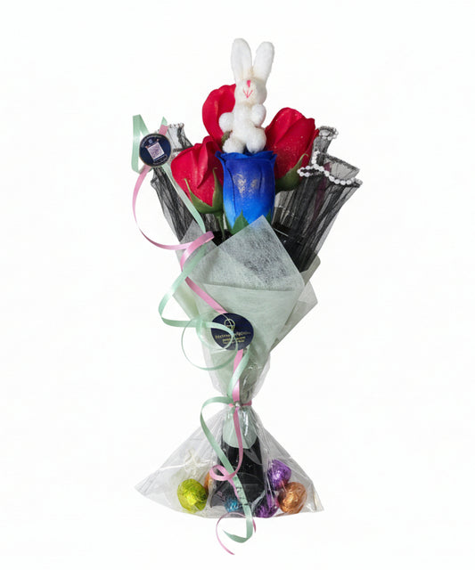 Buquê de Páscoa Exclusivo – Rosas, Pelúcia e Ovos de Chocolate*Exklusiver Osterstrauß – Rosen, Plüschhase und Schokoladeneier